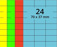 Selvklæbende etiketter 70x37 mm, farvede, A4 ark - 24 pr. ark - 100 ark (flere farver)